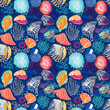 © Nautical - Seamless blue red underwater shell clam repeat background. Tropical modern seashell coastal pattern clash fabric coral reef print for summer beach textile designs with a linen cotton effect.