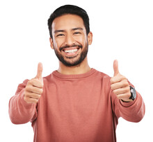 Happy Asian Man, Portrait And Thumbs Up For Success Standing Isolated On A Transparent PNG Background. Male Person With Smile, Like Emoji Or Yes Sign For Good Job, Approval Or Agreement And Thank You