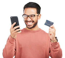 Canvas Print - Happy asian man, phone and credit card for ecommerce isolated on a transparent PNG background. Excited male person or shopper with smile on mobile smartphone for bank app, online shopping or purchase