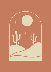 Aesthetic illustration with cactus in night desert in arch.