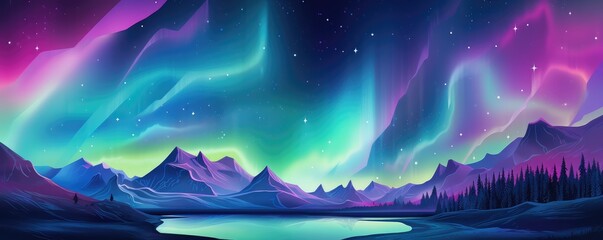 Wall Mural - multicolor aurora borealis at night over mountains on iceland nature, panorama. generative ai.