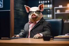 Businessman With Pig Head Smiling And Smoking With Lots Of Money On The Table. Portrait Of A Fat Man In A Business Suit, Concept Evil Corruption