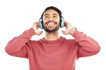 Canvas Print - Headphones, happy and man with smile for music on isolated png or transparent background. Podcast subscription, technology and male person listen to audio, streaming radio and track online to relax