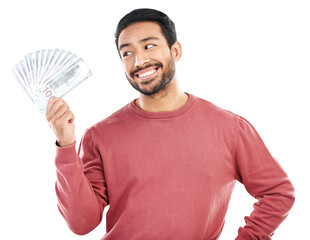 Sticker - Finance, money and success with face of man on png for investment, bonus and competition prize. Lottery, promotion and cash with person isolated on transparent background for winner, reward or profit