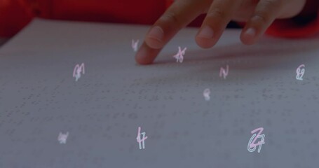 Poster - Animation of numbers over caucasian schoolgirl reading braille