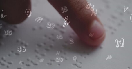 Poster - Animation of numbers over caucasian schoolgirl reading braille