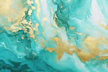 Gold And Turquoise Marbling Abstract Background, Waves And Splashes, Imitation Of Watercolor Paint And Paper Texture