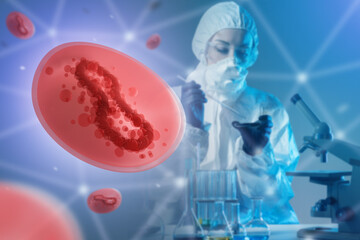 Poster - virological examination. laboratory assistant studies bacteria. molecules dangerous virus. disease r
