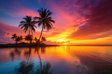 Coconut Palm Trees On Tropical Island Beach At Vivid Colorful Sunset