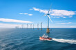 Off shore wind energy power plant grid with vessel for servicing or observation, AI generated image