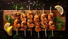 Delicious Roasted Shrimps On Skewers With Sauce And Lemon, Grilled Prawn Salad Fresh Healthy And Gourmet