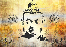 Buddha Image In Lotus Position In Grunge Orange Gold Painting Style - Meditation Background