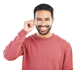 Poster - Portrait, smile and asian man with glasses or happy in png or isolated and transparent background. Fashion, nerd and happy with guy or casual with style or happiness with eyewear is positive.