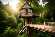 Sunrise Picture Of A Wooden Tree House In The Jungle And Tropical Rainforest