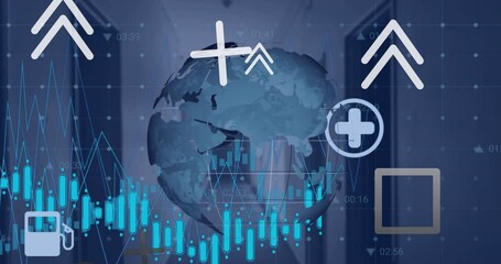 Poster - Animation of financial data processing over globe and office