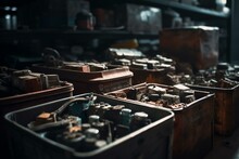 Old Car Batteries In Garage For Recycling. Selective Focus. Generative AI