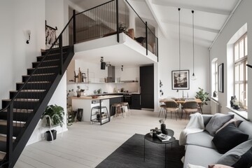 general view of modern loft apartment with large windows, created using generative ai technology