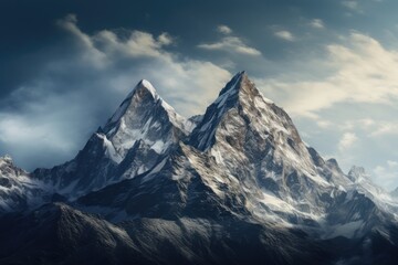 Wall Mural - General view of snowy mountain peak and clouds, created using generative ai technology