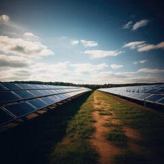 Wall Mural - Solar panels on field and blue sky with clouds, created using generative ai technology