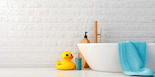 Childhood Nostalgia In The Bathroom: Small Yellow Duck Toy Reminiscent Of Playful Days - Generative AI