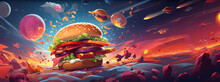 Fantasy Burger In Space, Style Of Fantasy. Copy Space. Generative AI