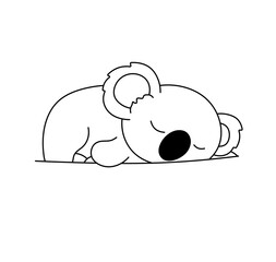 Wall Mural - Vector isolated one single cute cartoon koala sleeping on a stomach in funny pose side view colorless black and white contour line easy drawing