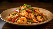 Pad Thai Kung Fried Noodles With Shrimp Thailand National Dish Fresh Street Food Plate Decorated With Beans, Pepper, Lime Snd Greenery. Hot Spice Dish Dinner Plate Bowl.