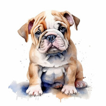 British Bulldog Puppy On A White Background. Cute Digital Watercolour For Dog Lovers.