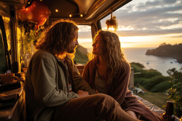 Young couple in the camper van, enjoying camping in the nature