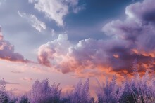 An Oil-painted Heavenly Sky In Lavender And Blue Shades With White Clouds. Generative AI