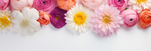 Bright Floral Banner With Dahlias, Ranunculus, Chrysanthemums On A Pastel Color Background, AI Generated
