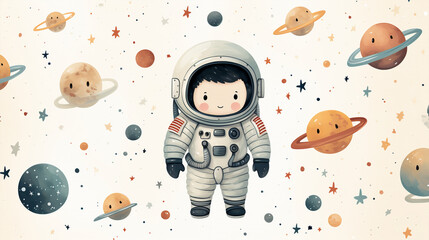 Wall Mural - Generative ai cute astronaut space pattern.
