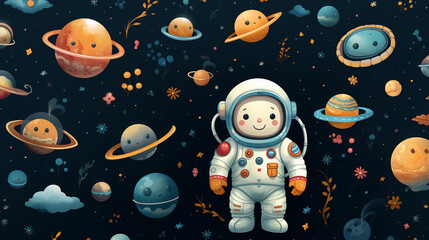 Wall Mural - Generative ai cute astronaut space pattern.