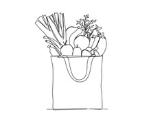 Continuous One Line Drawing Of Fresh Food On Paper Grocery Basket. Vegetables, Fruits And Bread In The Grocery Basket. Grocery Paper Bag Outline Vector Illustration.  Editable Stroke.