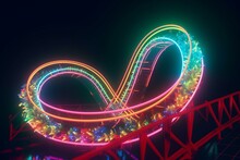 Heart-shaped Roller Coaster, Neon Rainbow Waves, Seamless Animation Loop. Generative AI