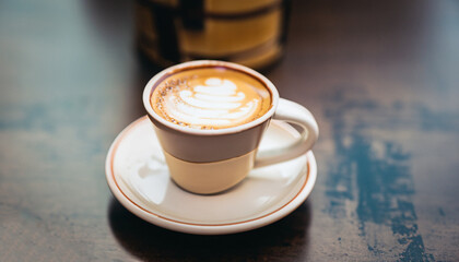 Wall Mural - Close up of coffee mug, selective focus and free space for text. Coffee art concept.	
