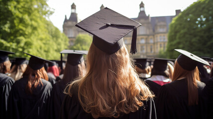 Back view of young girl at graduation with graduation cap. Generative AI