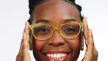 Sticker - Black woman, vision and glasses, face and fashion, designer frame and fun, prescription lens isolated on white background. Happy female, laugh and pose in portrait with optometry, style and eye care