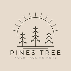 Wall Mural - pines tree vector logo template illustration graphic design with sun burst minimalist line art style design.