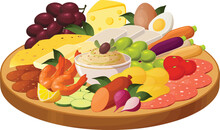 Cute Vector Illustration Of Various Food Items For A Cheeseboard Or Charcuterie Board With Cheese, Salami And Fruit.