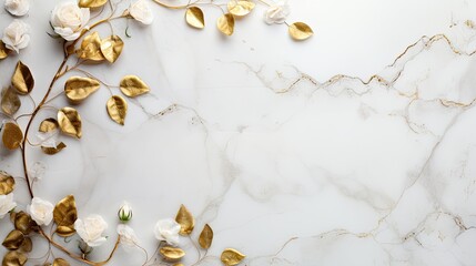 An opulent top view perspective of a white marble table with golden vine motifs, accompanied by scattered rose petals and negative space for your text. Glamor wedding card, celebration. Generative AI.