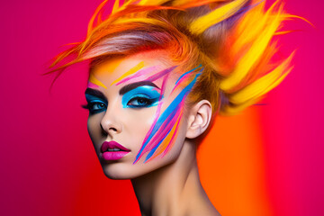 Canvas Print - Woman with colorful hair and makeup is posing for photo with bright colors on her face. Generative AI.