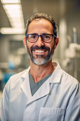 Canvas Print - Man with glasses and beard smiles at the camera while wearing lab coat. Generative AI.