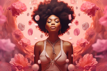 Sticker - Woman with afro standing in front of pink background with flowers. Generative AI.