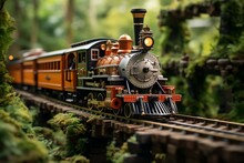 A Toy Train Traveling Over A Bridge In A Forest. AI