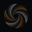 Abstract dotted spiral vortex with white and orange dots isolated on black background. Vector illustration