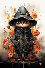 Wall Mural - An owl dressed in a raincoat and boots. Generative AI. Cute Autumn character, Halloween costume.