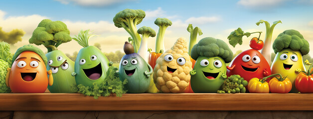 Happy healthy vegetables in a row.Cartoon vegetable characters. Vegetable emoticons. Cucumber, tomato, broccoli, eggplant, cabbage, peppers, carrots, onions, pumpkin, radish, corn. funny food  banner