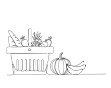 Continuous One Line Drawing Of Grocery Basket. Vegetables, Fruits And Bread In The Grocery Basket. Grocery Food Basket  Line Art Vector Illustration. Editable Stroke.