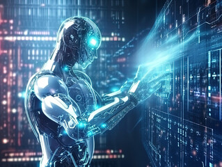 dramatic digital artwork that captures the growing intensity of cyber attacks worldwide. AI Artificial Intelligence, Data Science, Information technology concept. Humanoid robot touching on AI machine